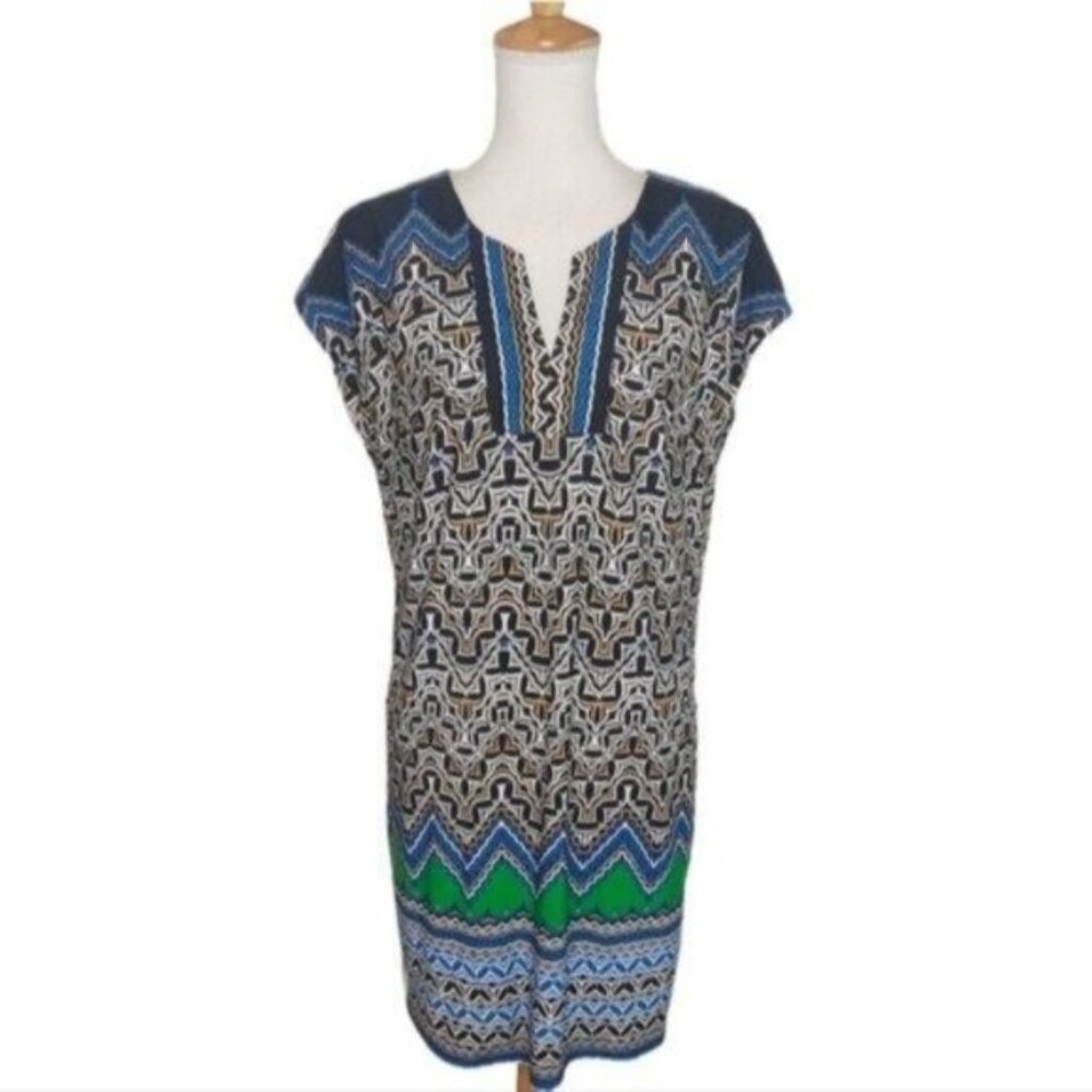 Laundry By Shelli Segal Tribal Print Notched Neckline Shiftt Dress Black Small